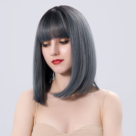 Bob's wig is straight short black to blue Ombre daily synthetic wig with bangs