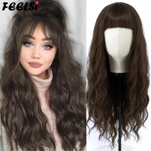 Brown Light Blonde Black Long Wavy Wig  Have Bangs Wave Heat Synthetic Fiber Natural Heat Resistance For Women Daily Wear