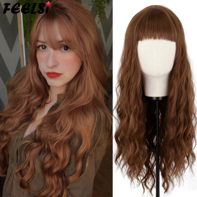 Brown Light Blonde Black Long Wavy Wig  Have Bangs Wave Heat Synthetic Fiber Natural Heat Resistance For Women Daily Wear