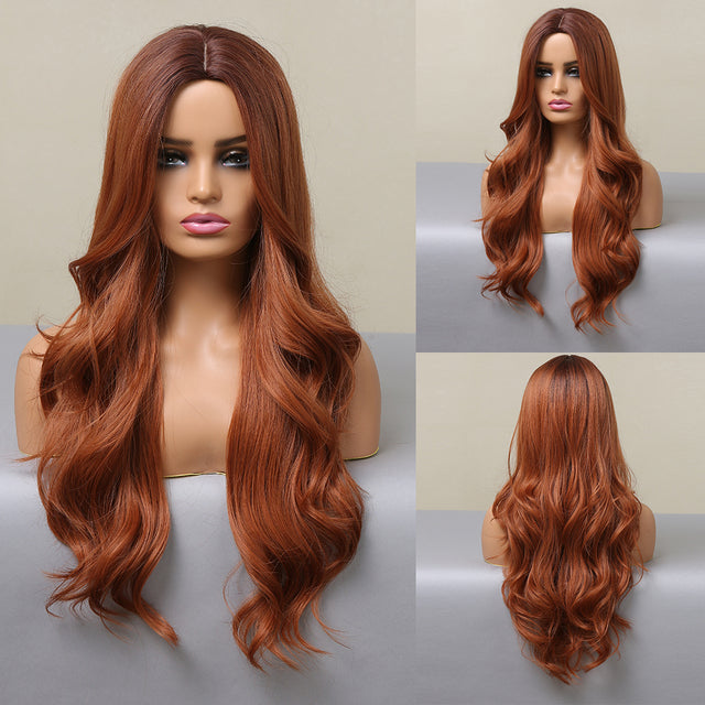 Long brown Ombre synthetic wigs Women's natural hair wavy wigs