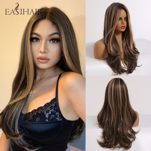 Long brown Ombre synthetic wigs Women's natural hair wavy wigs