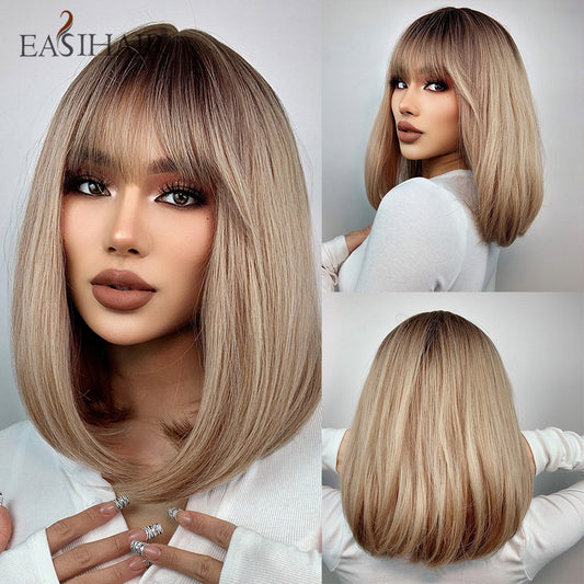Short Straight Bob Wigs with Bang Golden Brown Natural Synthetic Hair for Women Daily Cosplay Heat Resistant Fiber Wigs