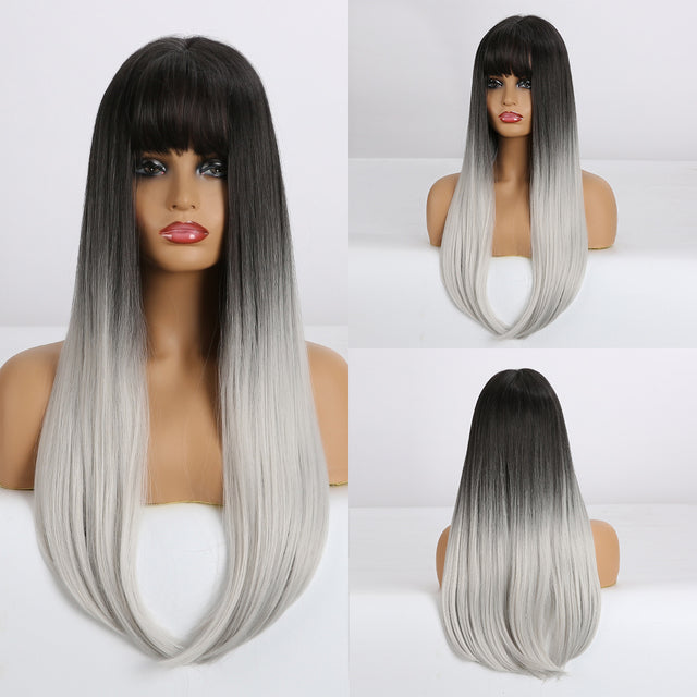 Long Straight Black Synthetic Wigs with Bangs for Women African American Lolita Daily Party Heat Resistant Fibre