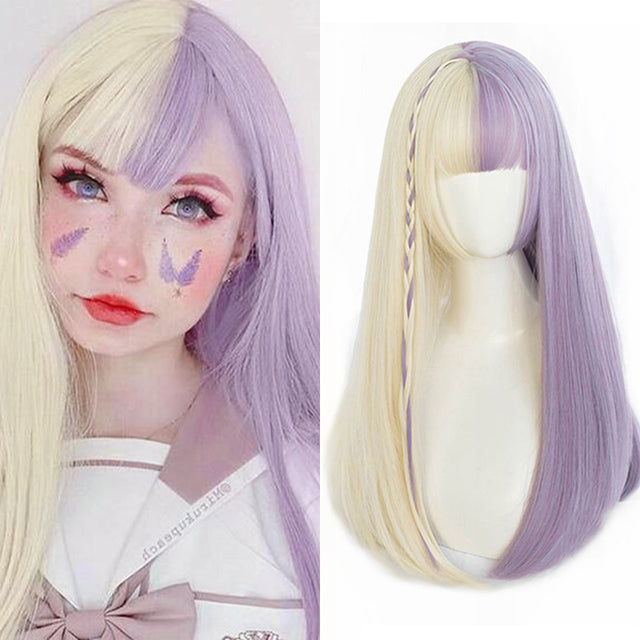 Long straight hair synthetic wig girl pink white gradient bangs cosplay Lolita party heat-resistant wigs