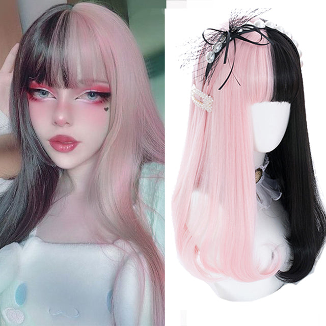 Long straight hair synthetic wig girl pink white gradient bangs cosplay Lolita party heat-resistant wigs