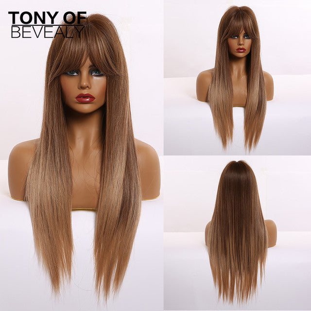 Long Straight Brown Ombre Natural Hair Wigs Middle Part Heat Resistant Synthetic Wigs