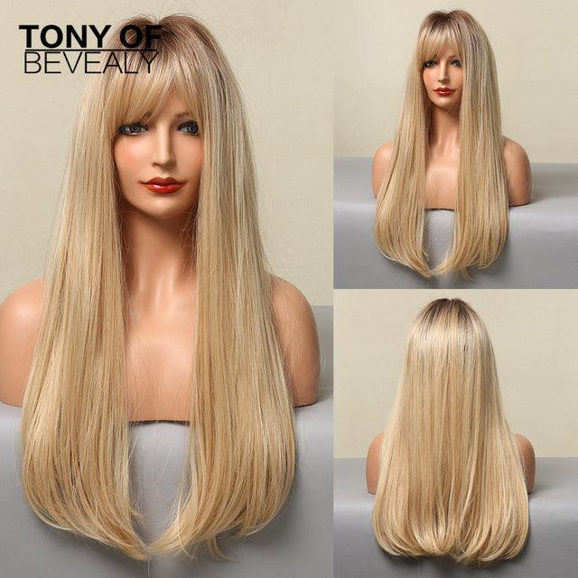 Long Straight Brown Ombre Natural Hair Wigs Middle Part Heat Resistant Synthetic Wigs