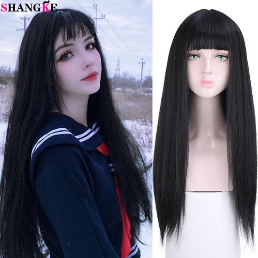 Synthetic Long Straight Black Wig With Bangs Heat-Resistant Kawaii Lolita Wigs For Women Natural Cosplay Hair Wig